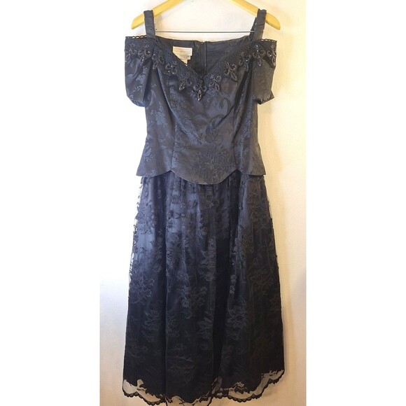 Vtg 1980's SCOTT MCCLINTOCK‎ Black Lace Beaded Dress Sz 10 Regency Party Formal